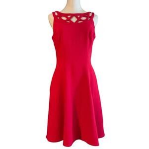 White House Black Market Womens 4 Red Dress Fit and Flare Cutout Neckline A-Line